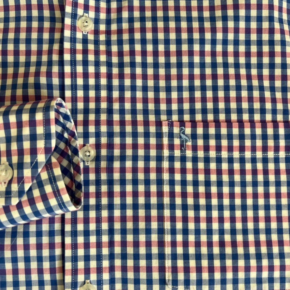 TailorByrd Button Down‎ Shirt Flamingo Logo L Navy Pink Gingham Check